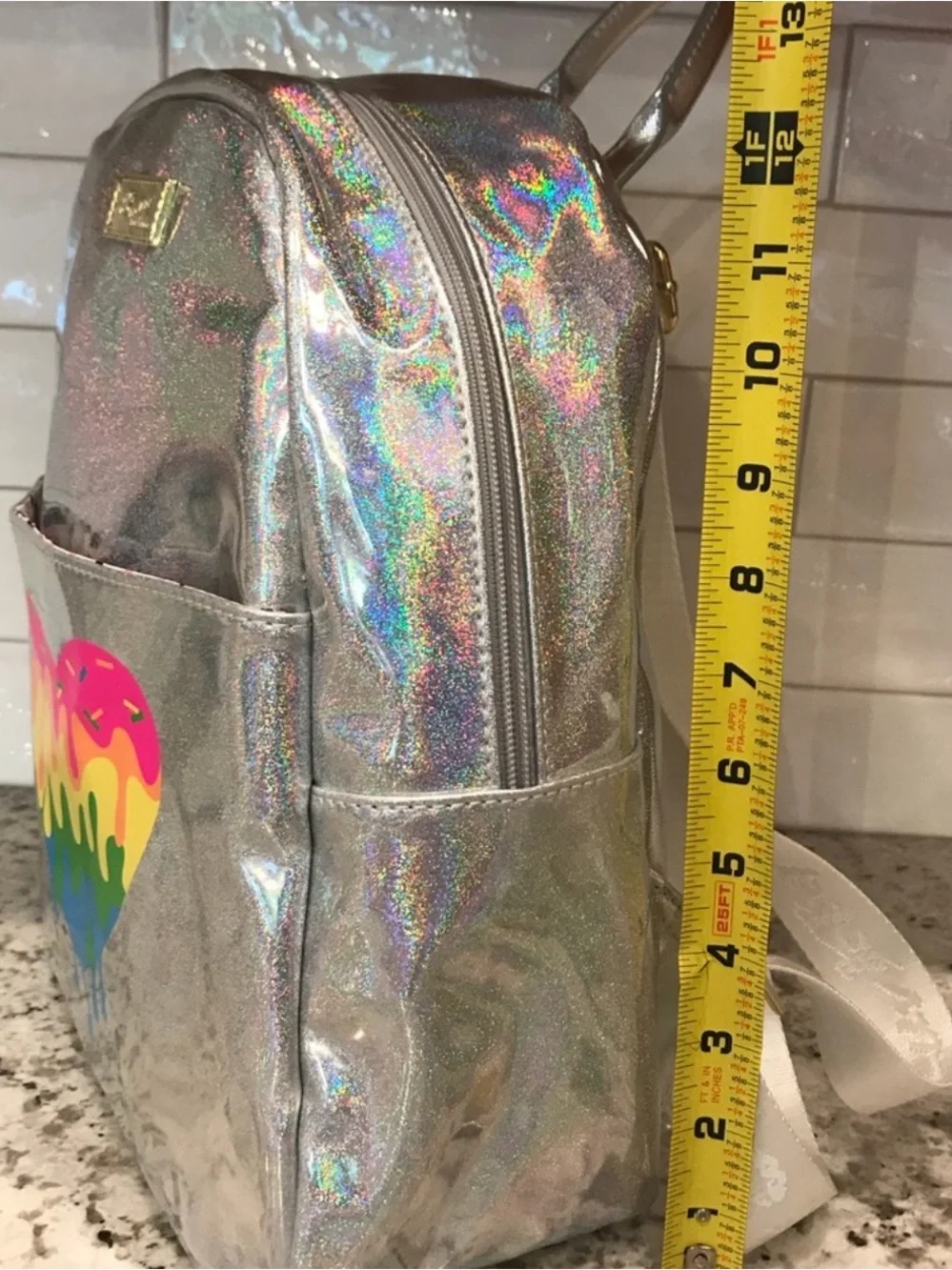 BETSEY JOHNSON Metallic Silver Rainbow Heart Sprinkle Backpack